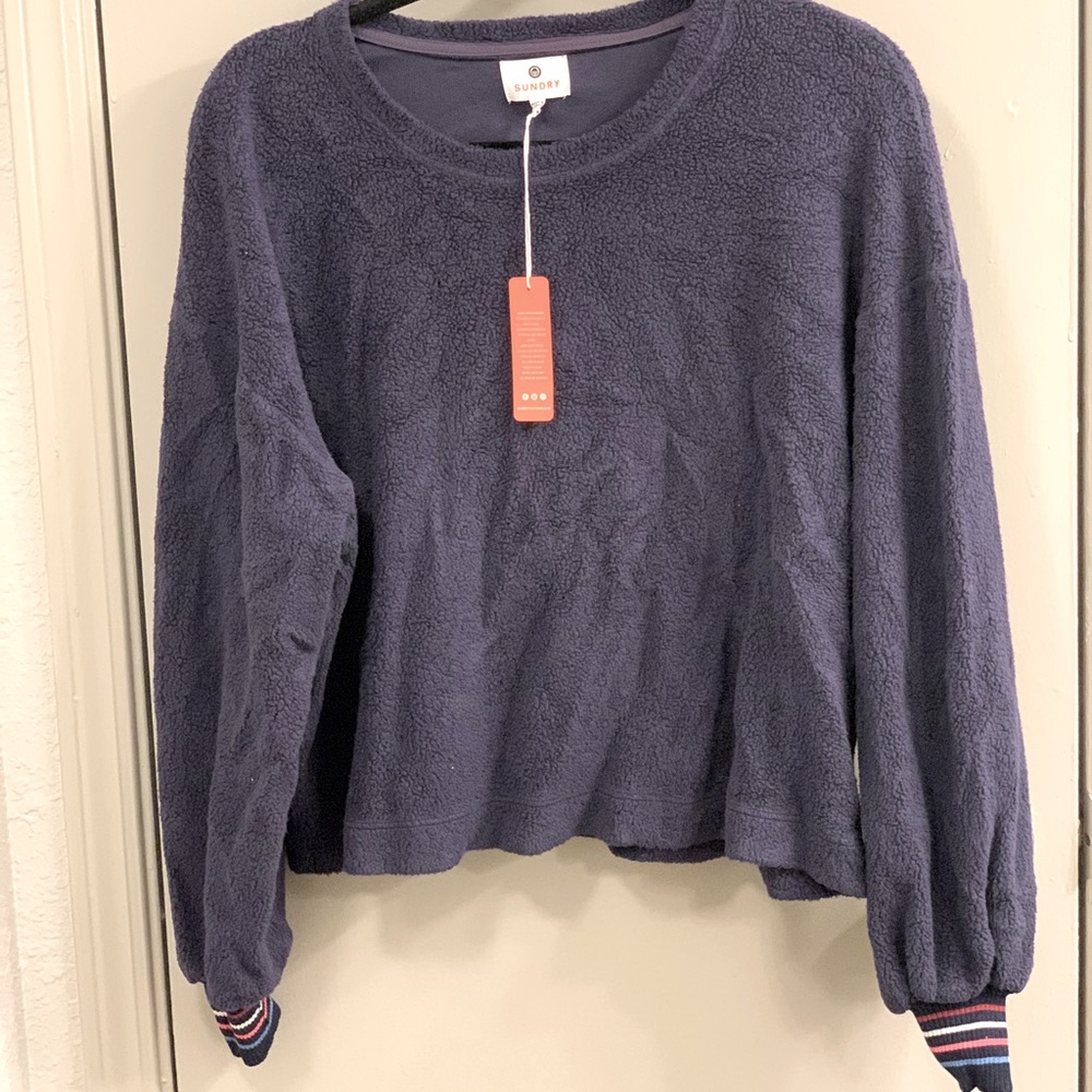 New With Tags! Sundry Dark Blue Sweater with Colorful Sleeve Cuffs Size 0